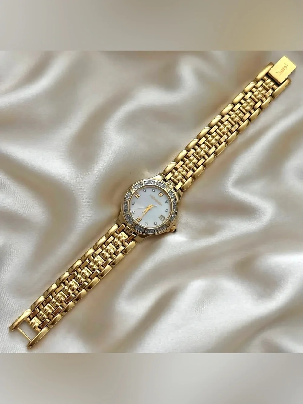 AUTHENTIC VINTAGE YVES SAINT LAURENT GOLD WATCH - MOTHER-OF-PEARL DIAL